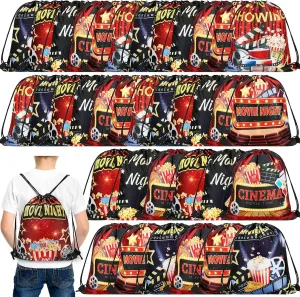 Sweetude 18 Pcs Movie Night Party Drawstring Bags Theater Theme Candy Treat Goodie Bags for Birthday Supplies Decorations 11.8 x 9.8 Inch