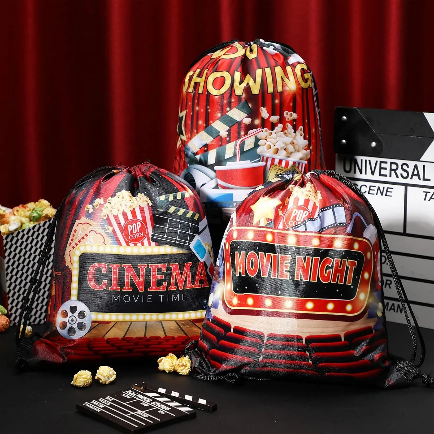 Sweetude 18 Pcs Movie Night Party Drawstring Bags Theater Theme Candy Treat Goodie Bags for Birthday Supplies Decorations 11.8 x 9.8 Inch