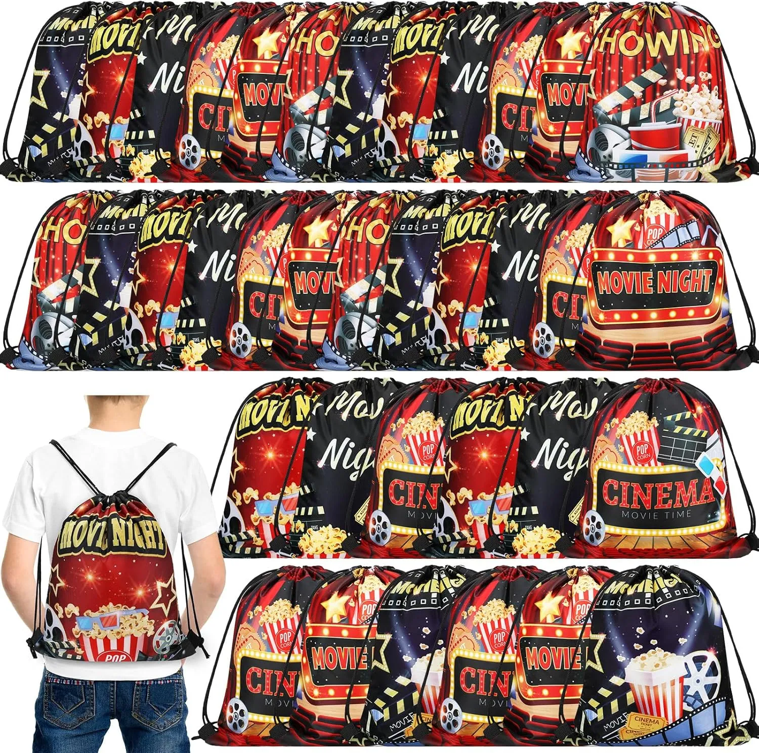 Sweetude 18 Pcs Movie Night Party Drawstring Bags Theater Theme Candy Treat Goodie Bags for Birthday Supplies Decorations 11.8 x 9.8 Inch