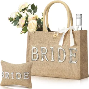 Sweetude 2 Pcs Bride Bag Set Bride Jute Beach Tote Bag with Ribbon Makeup Pouch with Rhinestone Letter Bridal Shower Gift for Bachelorette Wedding Engagement