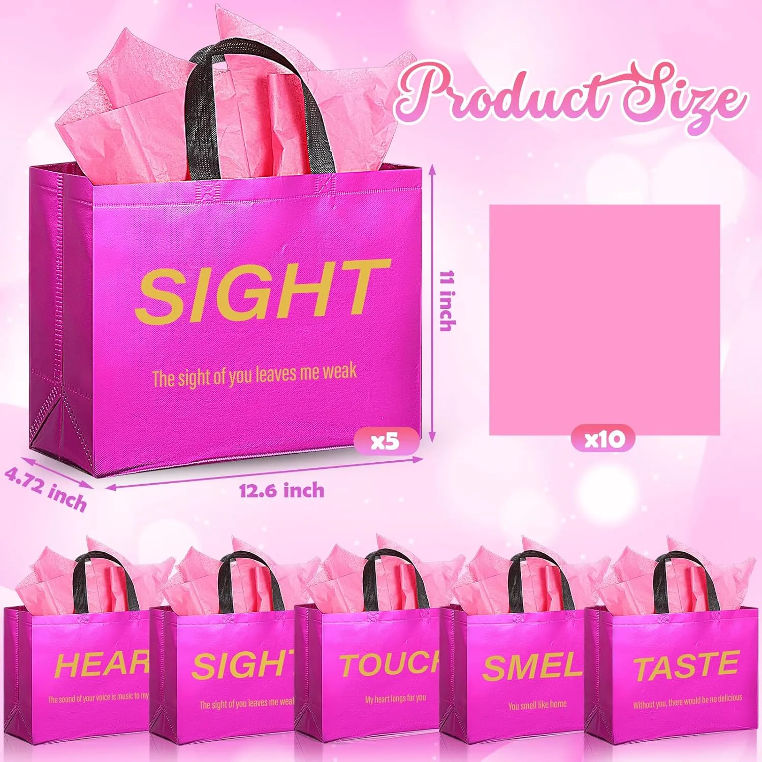 Sweetude 5 Senses Gift Bags for Him Her with Handles Tissue Paper for Mothers Fathers Day Wedding Anniversary Birthday Party(Pink)