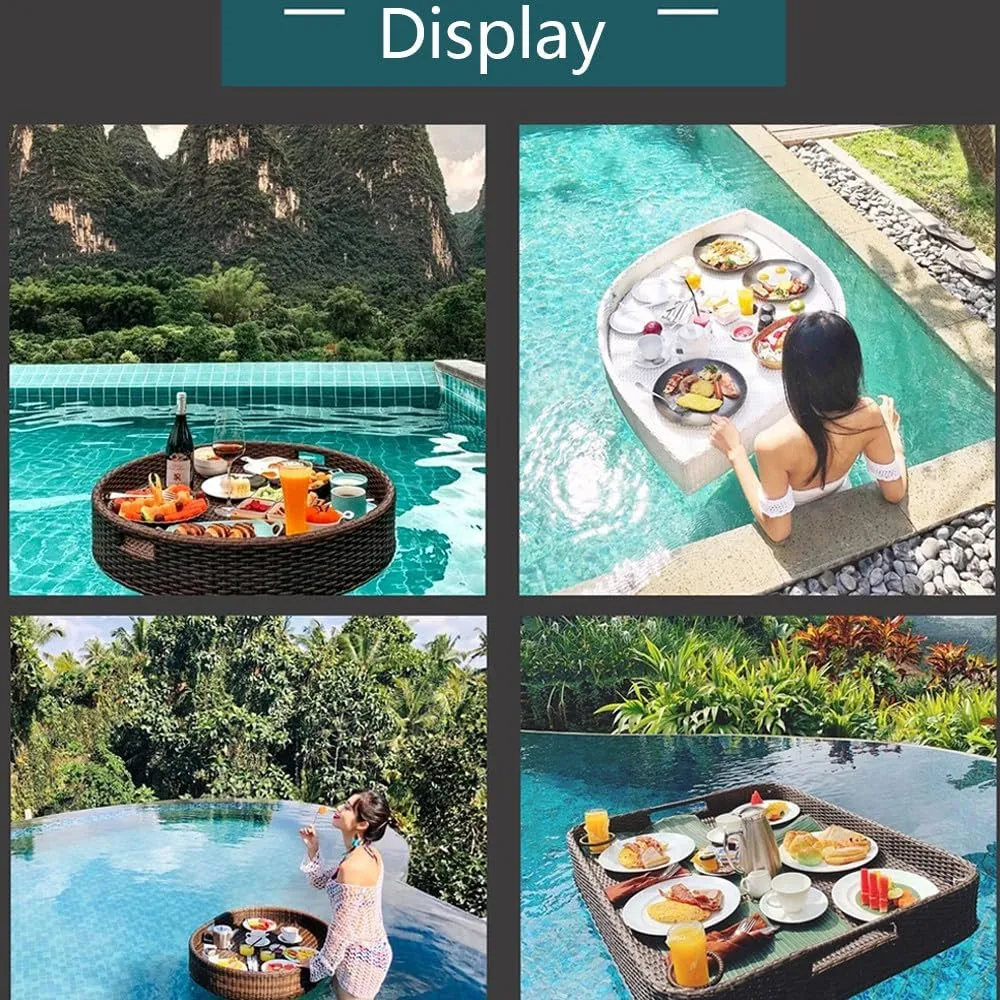 Swimming Pool Floating Breakfast Tray Hotel Water Rattan Basket Open-Air Afternoon Tea Dinner Plate for Breakfast Tea Tray Party Wedding Photography,Brown-80