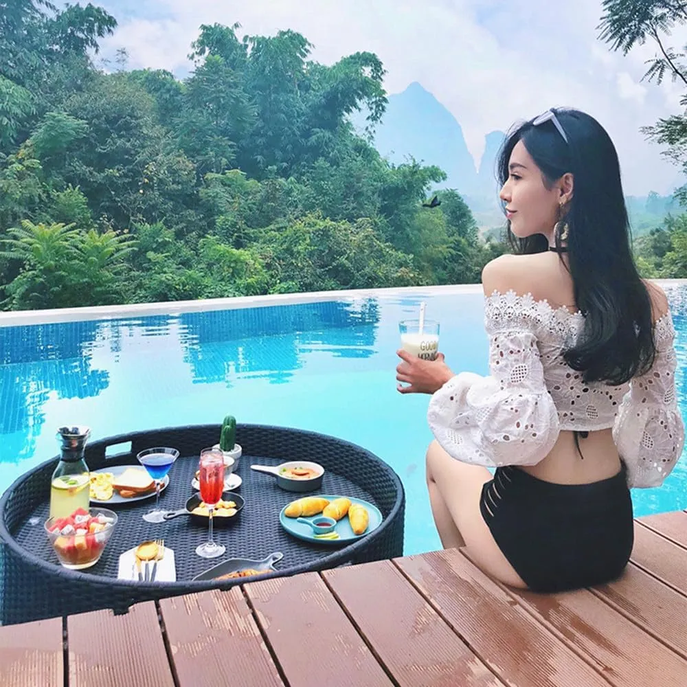 Swimming Pool Floating Breakfast Tray Hotel Water Rattan Basket Open-Air Afternoon Tea Dinner Plate for Breakfast Tea Tray Party Wedding Photography,Brown-80