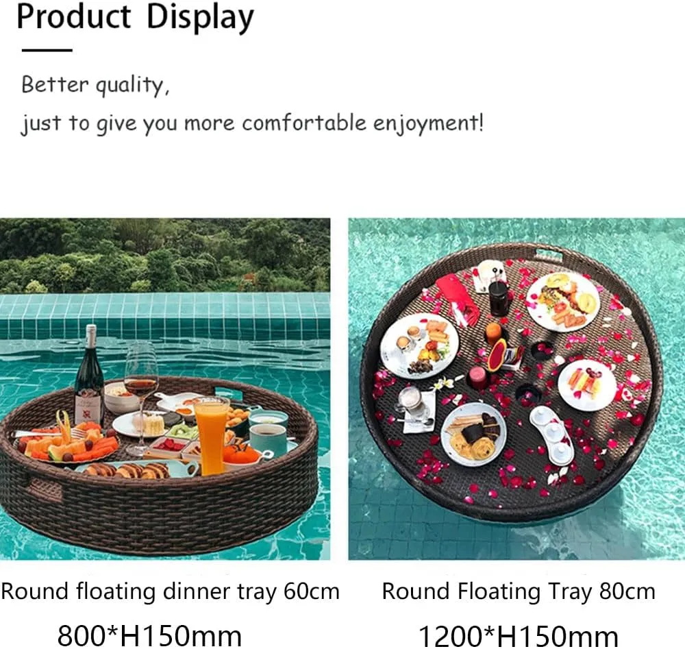 Swimming Pool Floating Breakfast Tray Hotel Water Rattan Basket Open-Air Afternoon Tea Dinner Plate for Breakfast Tea Tray Party Wedding Photography,Brown-80