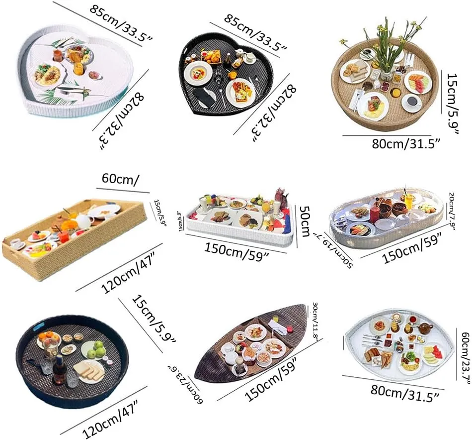 Swimming Pool Floating Breakfast Tray Hotel Water Rattan Basket Open-Air Afternoon Tea Dinner Plate for Breakfast Tea Tray Party Wedding Photography,Brown-80