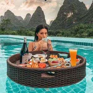 Swimming Pool Floating Breakfast Tray Hotel Water Rattan Basket Open-Air Afternoon Tea Dinner Plate for Breakfast Tea Tray Party Wedding Photography,Brown-80