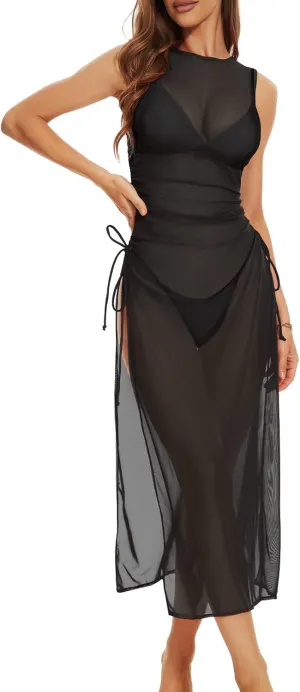 Swimsuit Women Cover Up High Split Drawstring Mesh Dress for Women Swimwear Bikini Cover Up See Through Dress