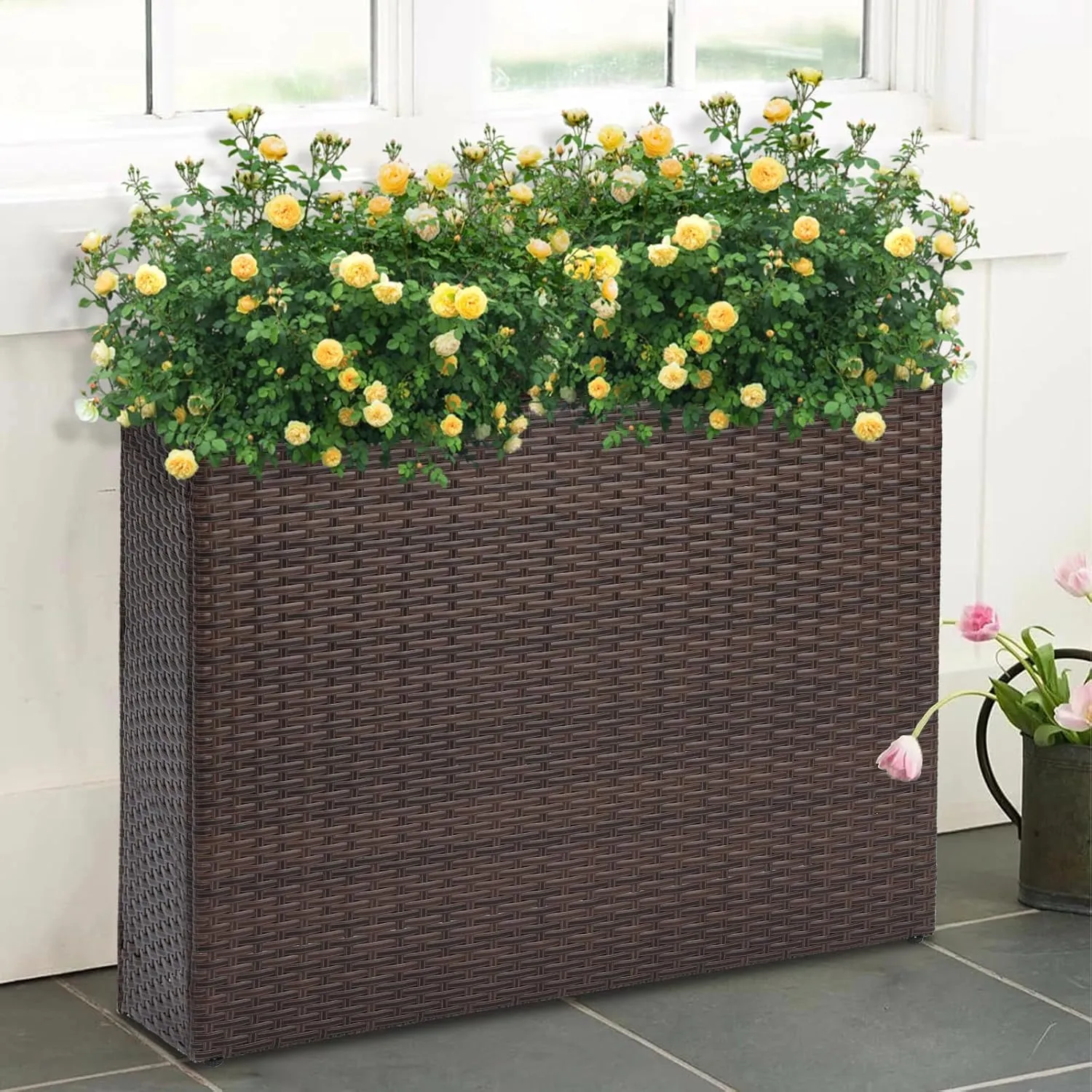 Tall Rectangular Planter with Removable Liner, All-Weather PE Rattan Large Modern Planters Indoor Outdoor Flower Plant Pots Garden Box Patio Yard Front Porch Deck