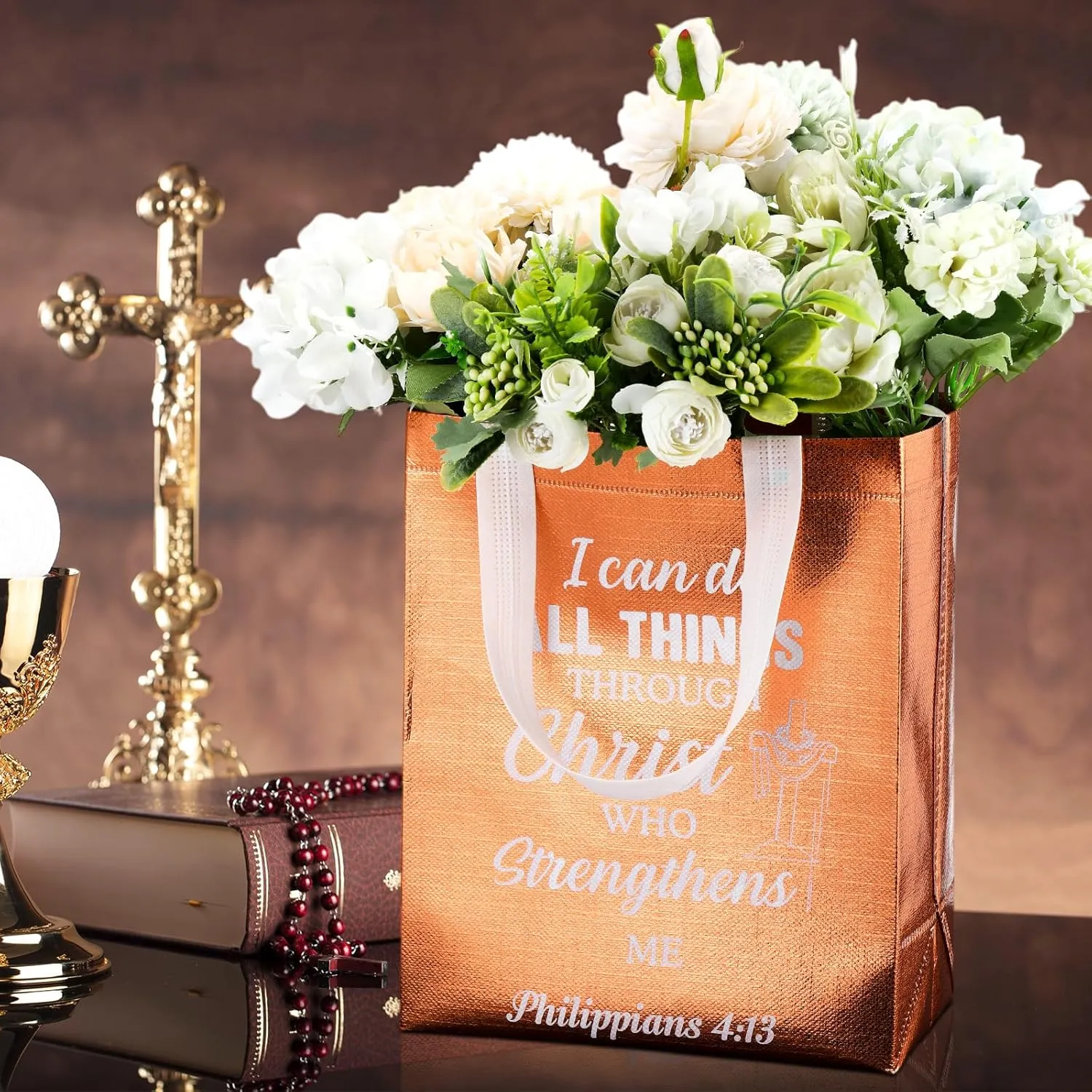 Talltalk 50 Pcs Christian Gift Bag Bulk Reusable Bible Verse Bag Religious Church Non Woven Tote for Easter Sunday School Mothers Fathers Day Gift(Rose Gold)