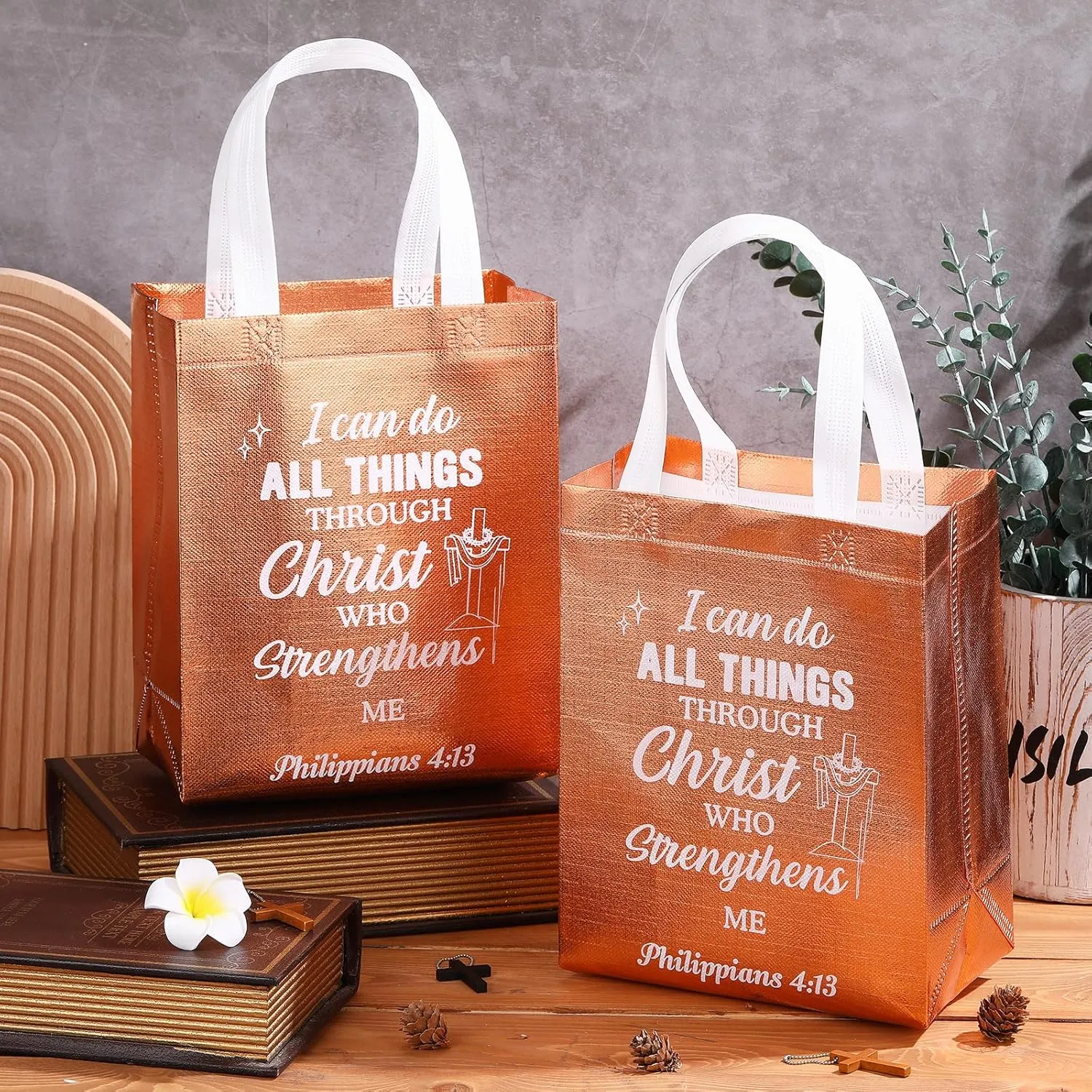 Talltalk 50 Pcs Christian Gift Bag Bulk Reusable Bible Verse Bag Religious Church Non Woven Tote for Easter Sunday School Mothers Fathers Day Gift(Rose Gold)
