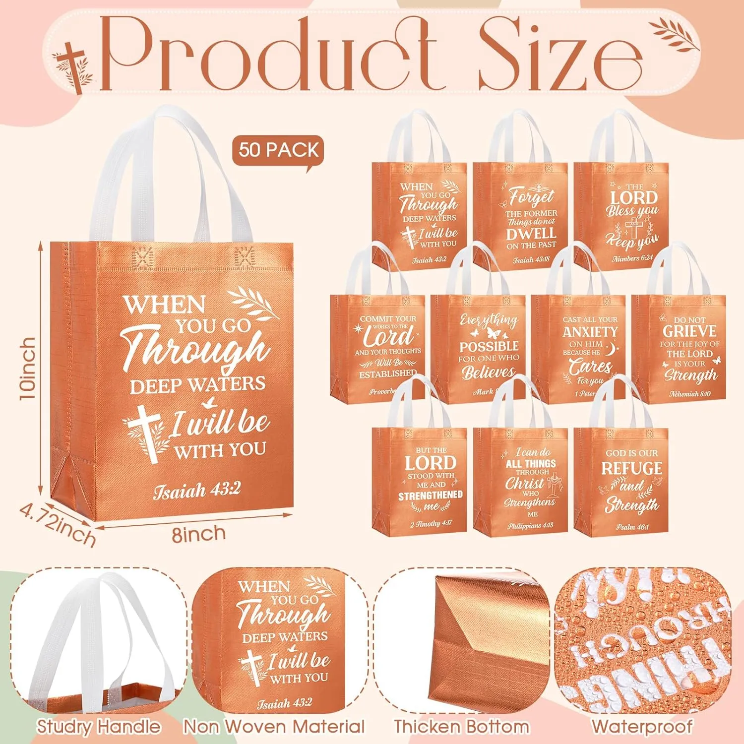 Talltalk 50 Pcs Christian Gift Bag Bulk Reusable Bible Verse Bag Religious Church Non Woven Tote for Easter Sunday School Mothers Fathers Day Gift(Rose Gold)
