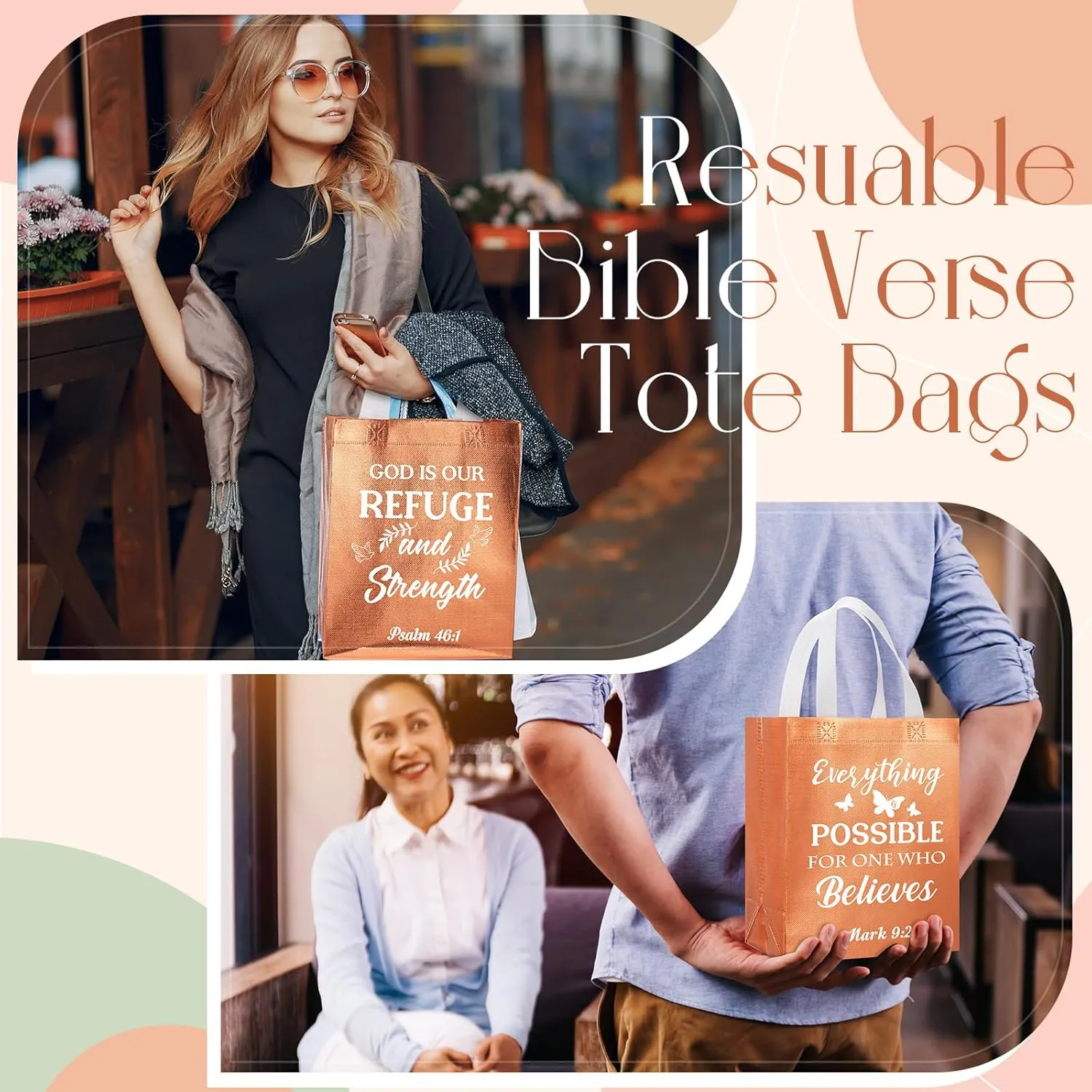 Talltalk 50 Pcs Christian Gift Bag Bulk Reusable Bible Verse Bag Religious Church Non Woven Tote for Easter Sunday School Mothers Fathers Day Gift(Rose Gold)