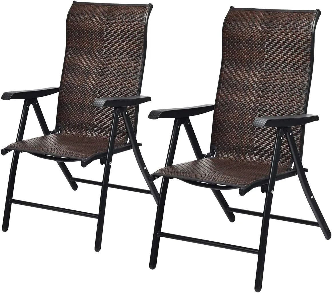 Tangkula 2 Piece Patio Rattan Folding Reclining Chair, Outdoor Wicker Portable Camping Chair with Widened Armrest, Foldable Chair with Adjustable High Backrest for Garden Balcony Outdoor & Indoor (2)