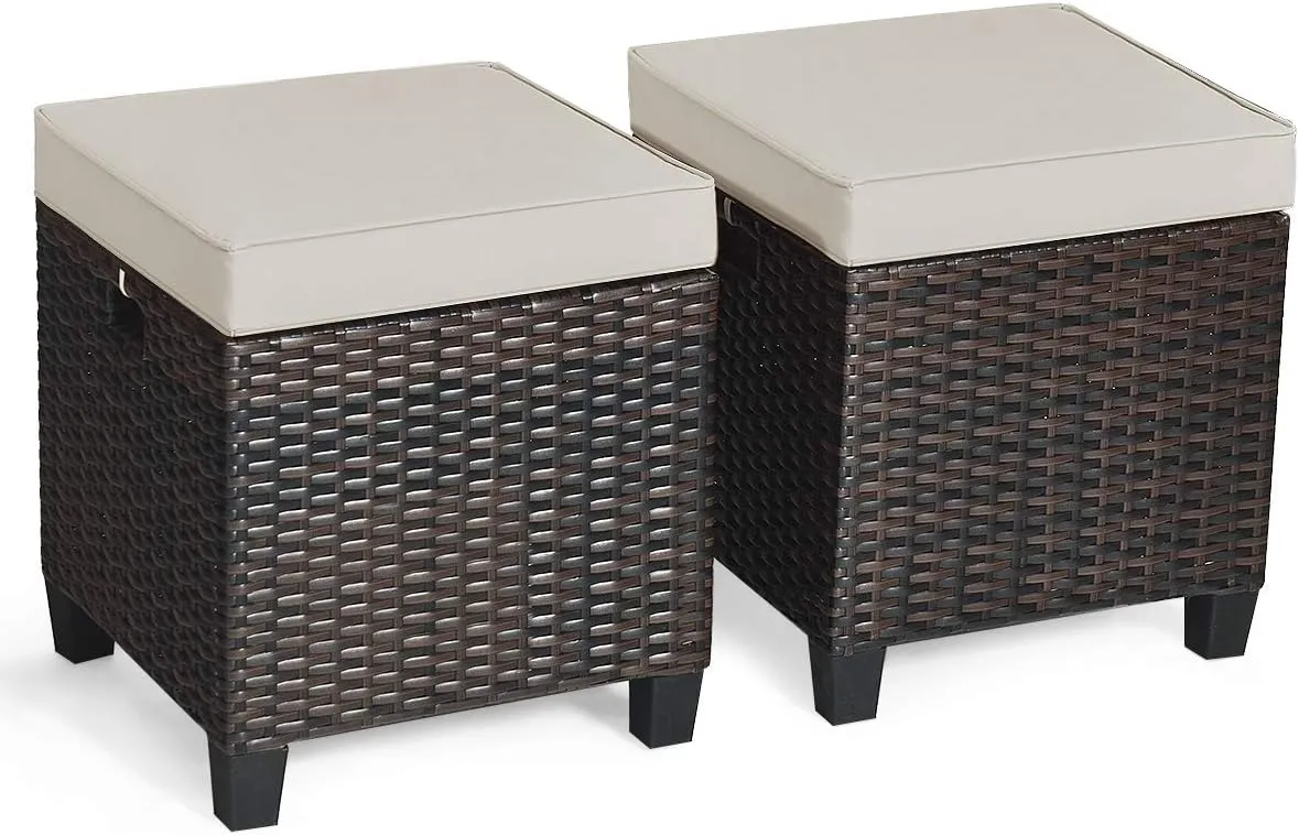 Tangkula 2 Pieces Outdoor Patio Ottoman, All Weather Rattan Wicker Ottoman Seat, Patio Rattan Furniture, Outdoor Footstool Footrest Seat w/Removable Cushions