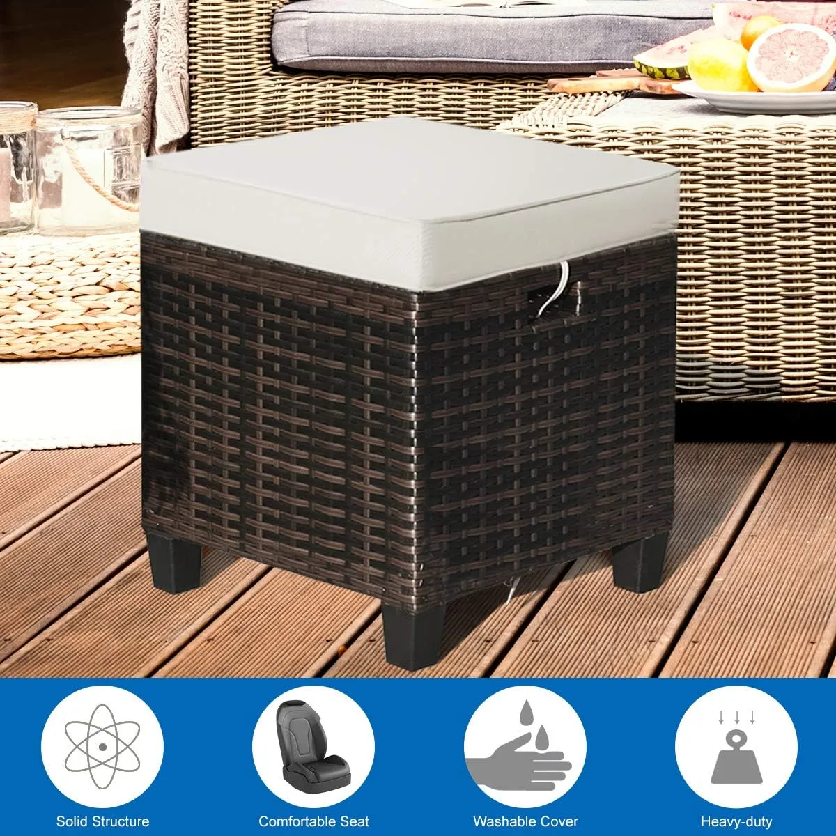 Tangkula 2 Pieces Outdoor Patio Ottoman, All Weather Rattan Wicker Ottoman Seat, Patio Rattan Furniture, Outdoor Footstool Footrest Seat w/Removable Cushions