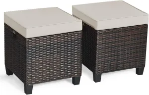 Tangkula 2 Pieces Outdoor Patio Ottoman, All Weather Rattan Wicker Ottoman Seat, Patio Rattan Furniture, Outdoor Footstool Footrest Seat w/Removable Cushions