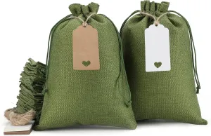 Tapleap Burlap Gift Bags with Drawstring, 7x10 inches Favor Sacks with Tags and String (Lot of 30) for Kids Class Mother's Day, Birthday, Wedding, Party or DIY(Green)