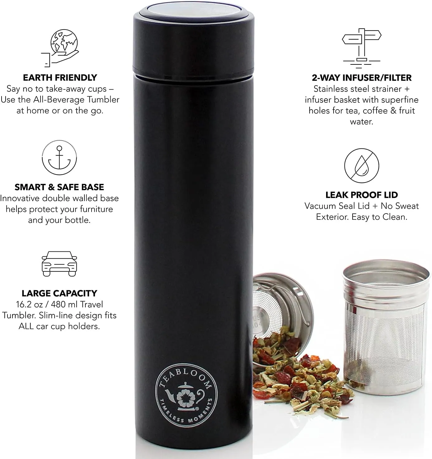 Teabloom - The ORIGINAL All-Brew Travel Tumbler & Thermos | OPRAH’s Favorite | 16oz/480ml Insulated Water Bottle/Tea Flask/Cold Brew Coffee Mug