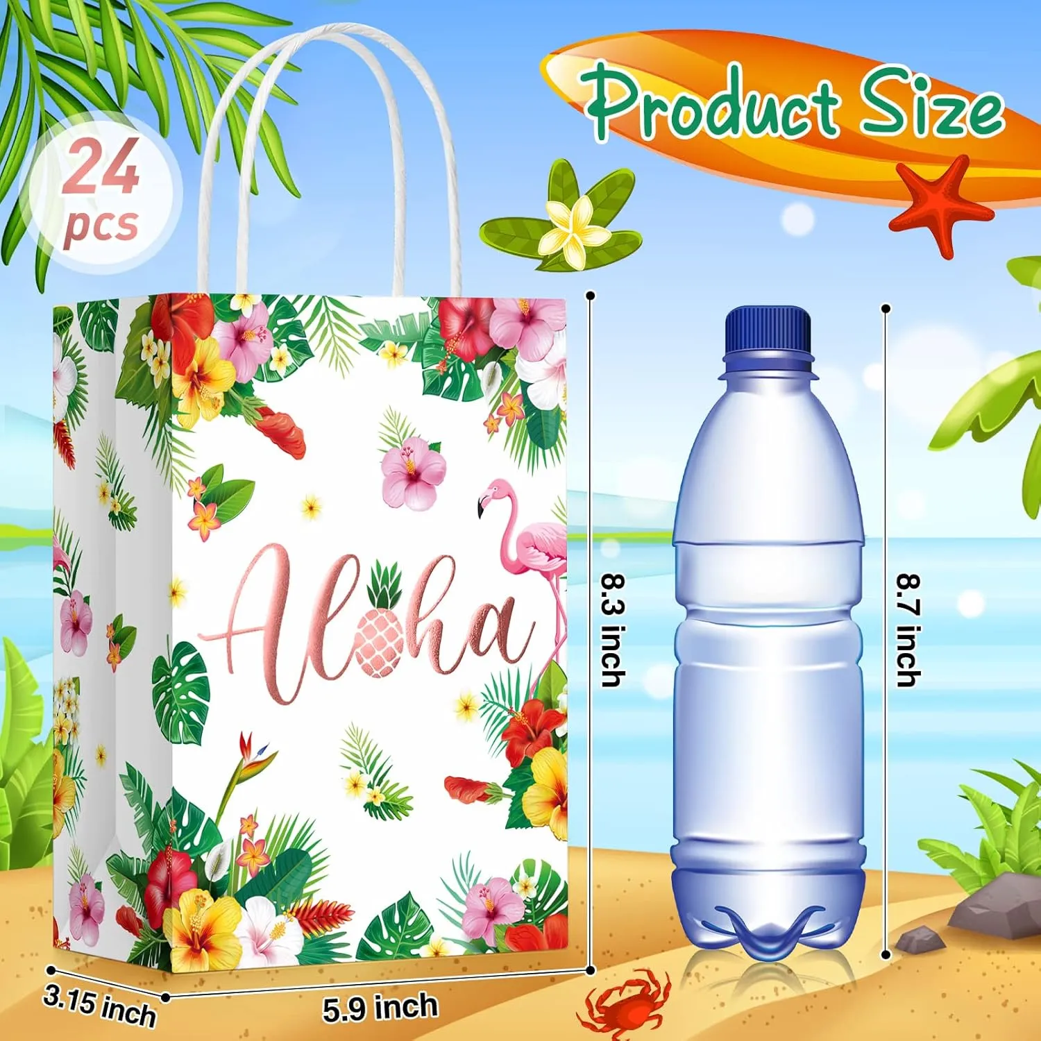 Teling 24 Pcs Hawaiian Aloha Gift Bags Tiki Luau Goodie Candy Treat Bags with Handles Tropical Themed Favors Summer Festival Party Supplies(Rose Gold)