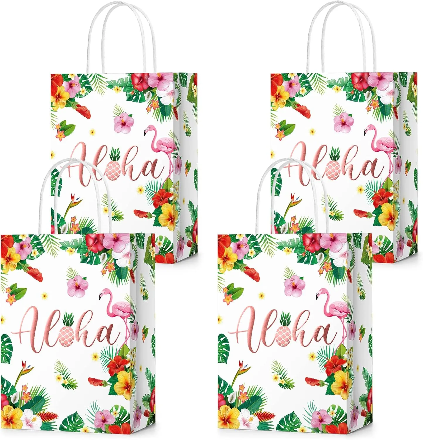 Teling 24 Pcs Hawaiian Aloha Gift Bags Tiki Luau Goodie Candy Treat Bags with Handles Tropical Themed Favors Summer Festival Party Supplies(Rose Gold)