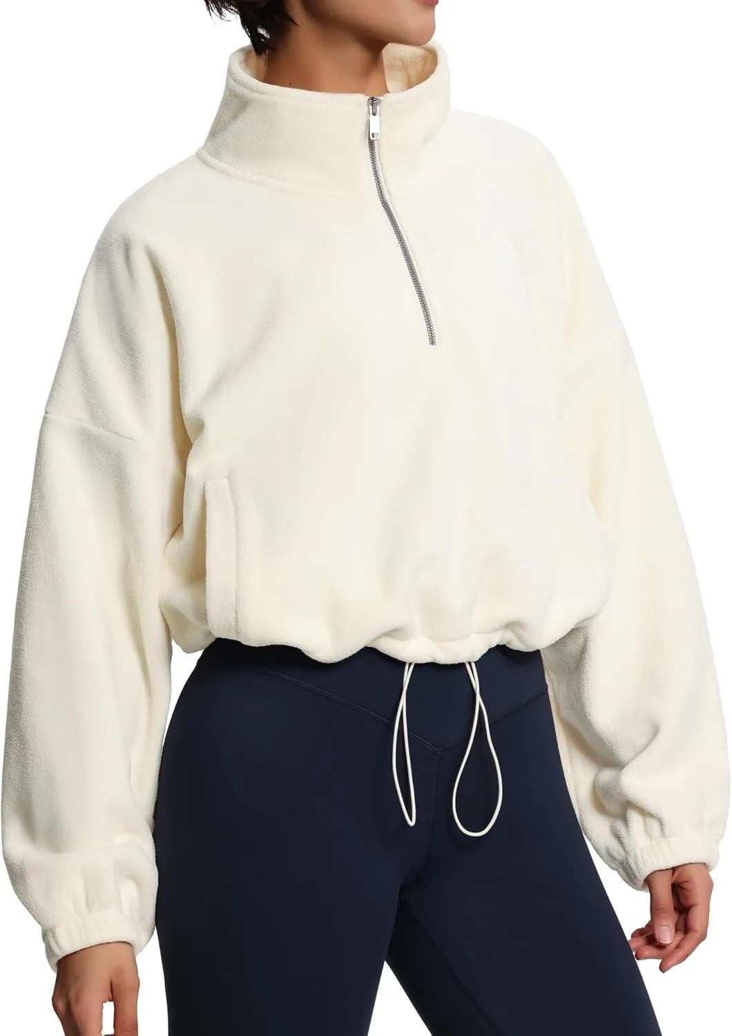 THE GYM PEOPLE Women’s Half Zip Crop Pullover Sweatshirt Fleece Stand Collar Workout Tops with Pockets Drawstring Hem