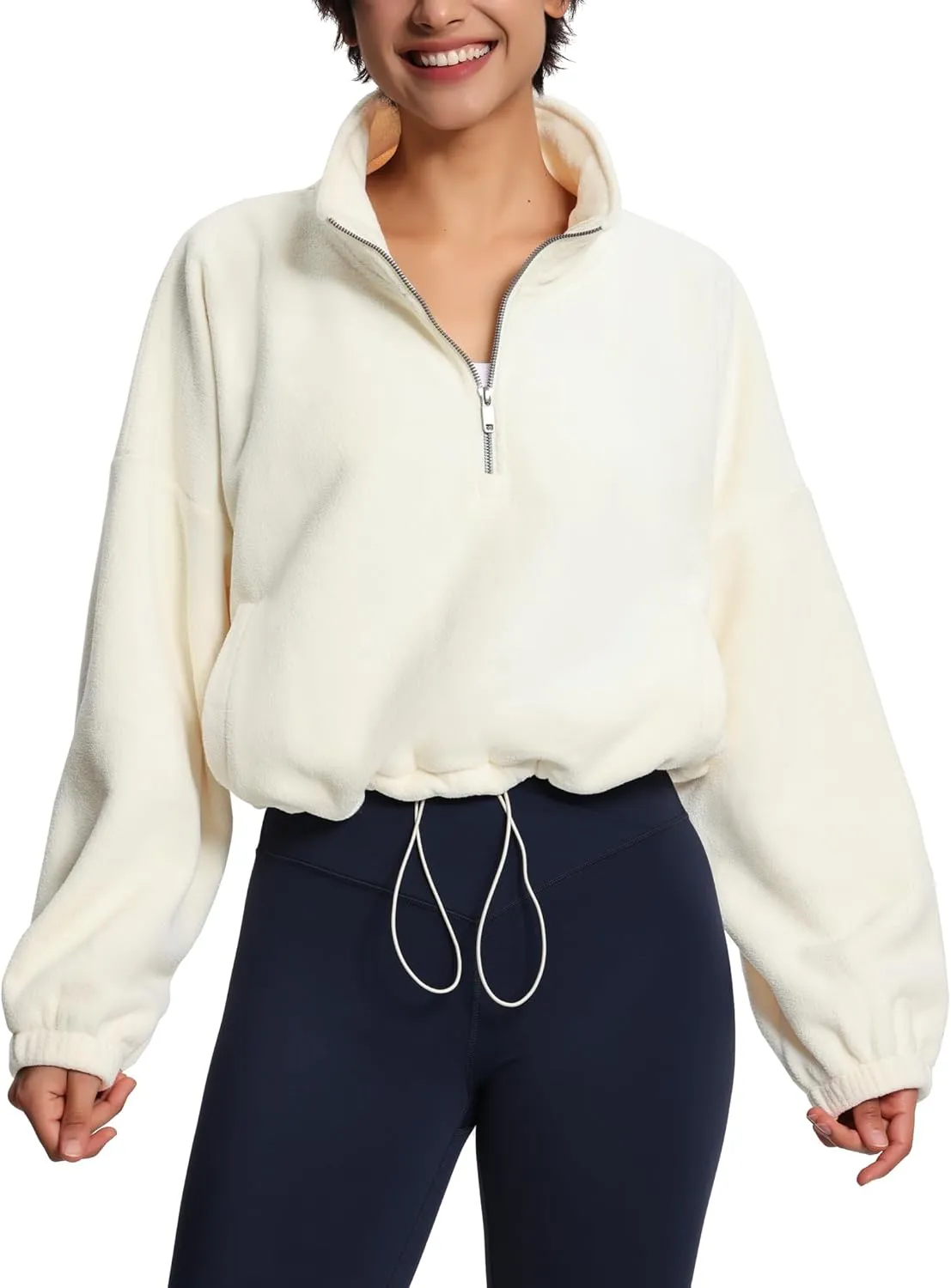 THE GYM PEOPLE Women’s Half Zip Crop Pullover Sweatshirt Fleece Stand Collar Workout Tops with Pockets Drawstring Hem
