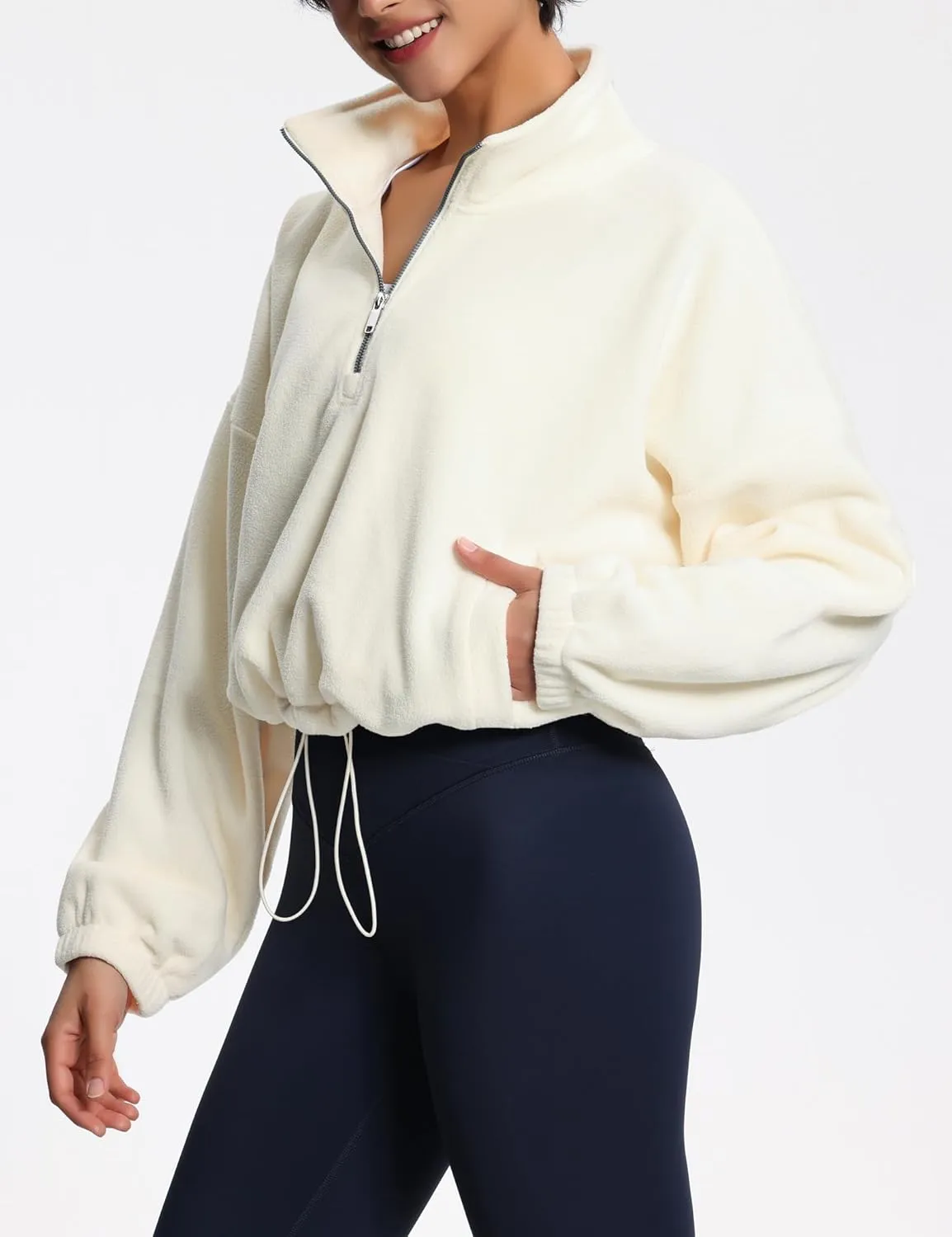 THE GYM PEOPLE Women’s Half Zip Crop Pullover Sweatshirt Fleece Stand Collar Workout Tops with Pockets Drawstring Hem
