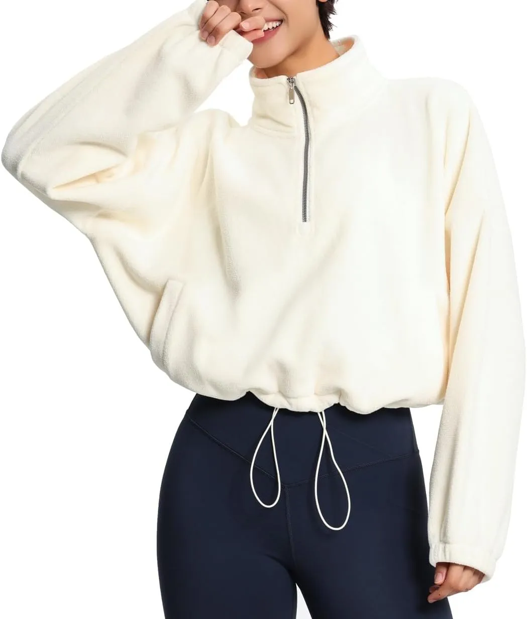 THE GYM PEOPLE Women’s Half Zip Crop Pullover Sweatshirt Fleece Stand Collar Workout Tops with Pockets Drawstring Hem