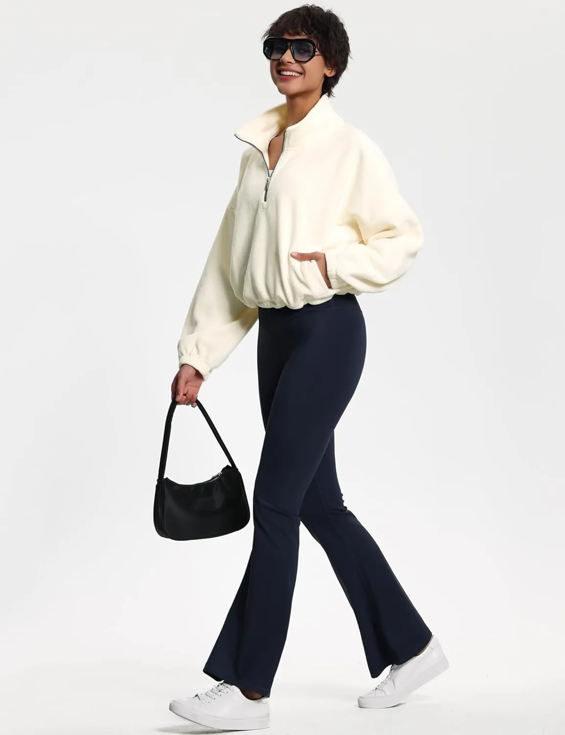 THE GYM PEOPLE Women’s Half Zip Crop Pullover Sweatshirt Fleece Stand Collar Workout Tops with Pockets Drawstring Hem