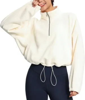THE GYM PEOPLE Women’s Half Zip Crop Pullover Sweatshirt Fleece Stand Collar Workout Tops with Pockets Drawstring Hem