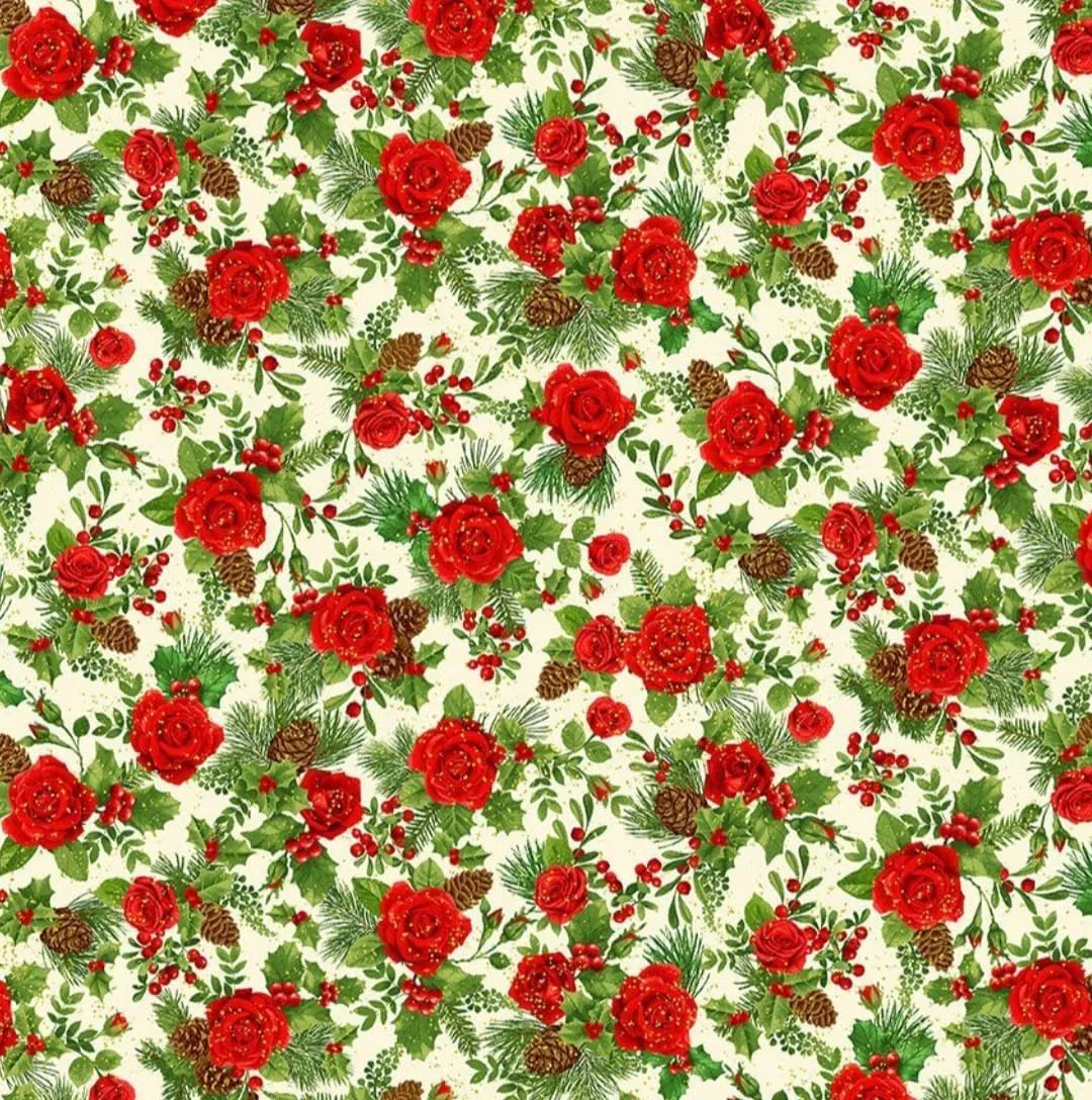 Timeless Treasures Holiday Winter Rose Small Christmas Bouquets with Metallic Gold Accents on Cream Cotton Fabric by The Yard, Gold, Cream, Green, and Red, CM2899-CREAM