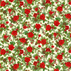 Timeless Treasures Holiday Winter Rose Small Christmas Bouquets with Metallic Gold Accents on Cream Cotton Fabric by The Yard, Gold, Cream, Green, and Red, CM2899-CREAM