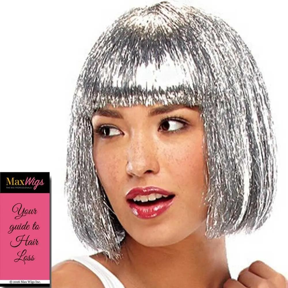 Tinsel Town Color Metallic Black - Jon Renau Illusions Costume Wig 9" Chin Length Bob Nightclub Celebration Blunt Bangs Party Synthetic Fancy Dress 3.6 oz Bundle MaxWigs Hairloss Booklet