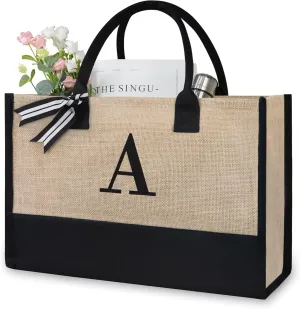 TOPDesign Initial Jute/Canvas Tote Bag, Personalized Present Bag, Suitable for Wedding, Birthday, Beach, Holiday, is a Great Gift for Women, Mom, Teachers, Friends, Bridesmaids (Letter A)