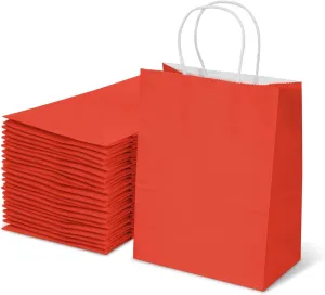 TOWRAP Red Kraft Paper Gift Bags 100Pcs 8x4.25x10.5 Inch With Handles - Bulk Shopping, Party, Retail, Merchandise, Favor