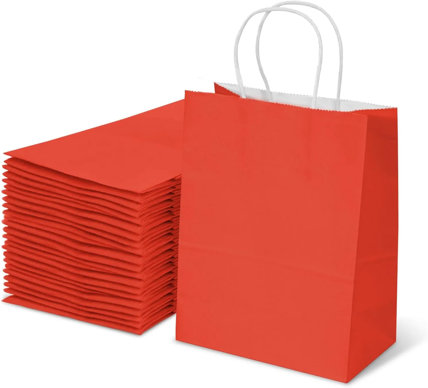 TOWRAP Red Kraft Paper Gift Bags 100Pcs 8x4.25x10.5 Inch With Handles - Bulk Shopping, Party, Retail, Merchandise, Favor