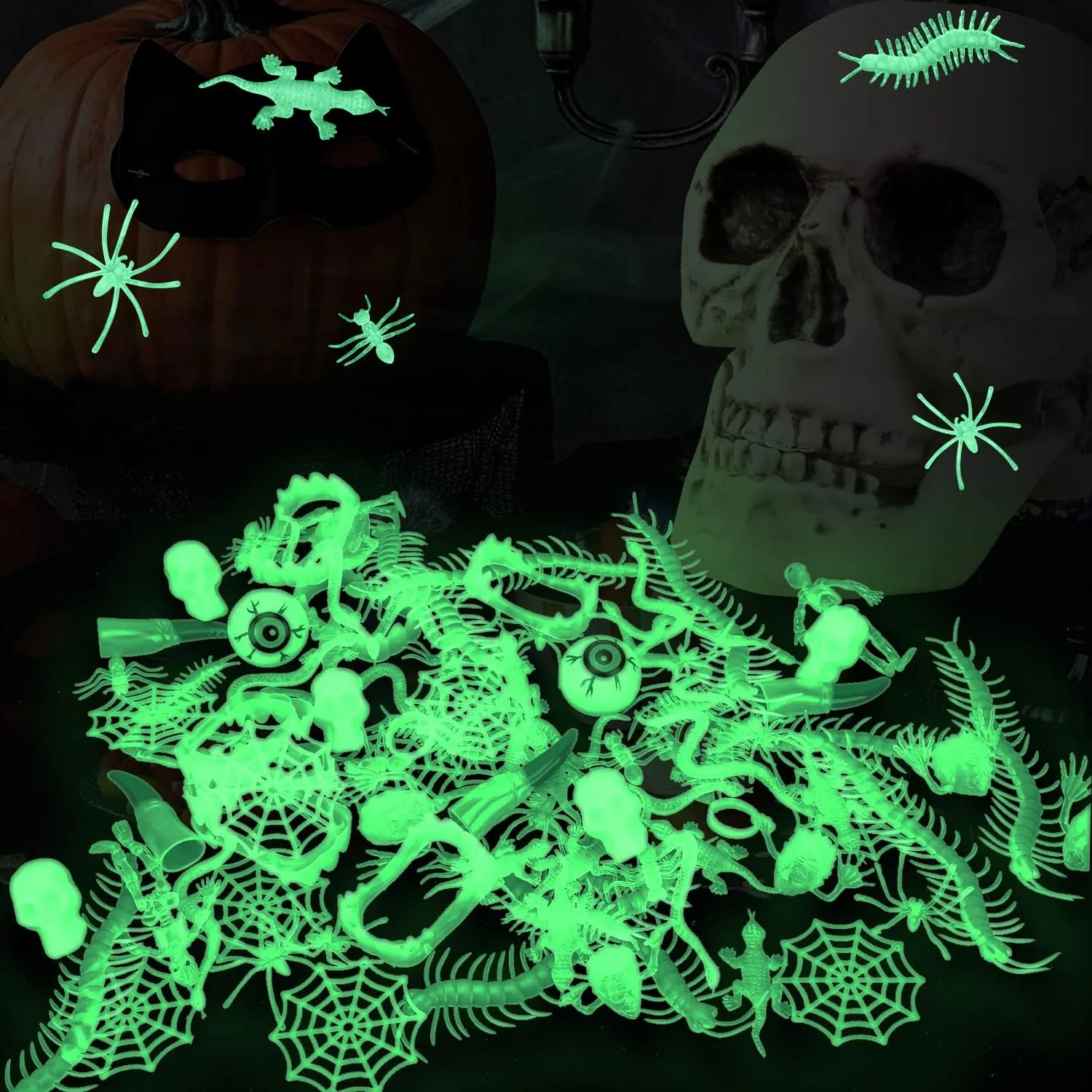 TOY Life 140PCS Halloween Party Favors Halloween Toys for Kids Halloween Goodie Bag Stuffers Fillers Halloween Treat Non Candy Glow in the Dark Bugs Skeleton Spiders Toys Halloween Prize for Classroom
