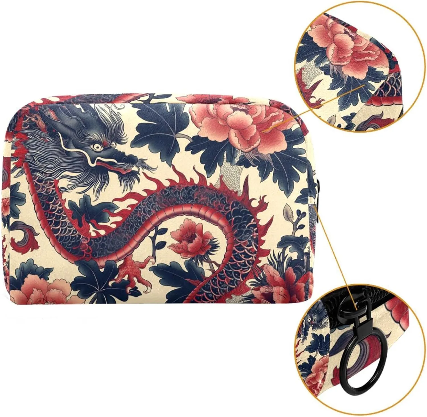Travel Makeup Bag Vintage Flower Dragon Cosmetic Bag Brushes Storage Bag For Women Girls 7.3x3x5.1in