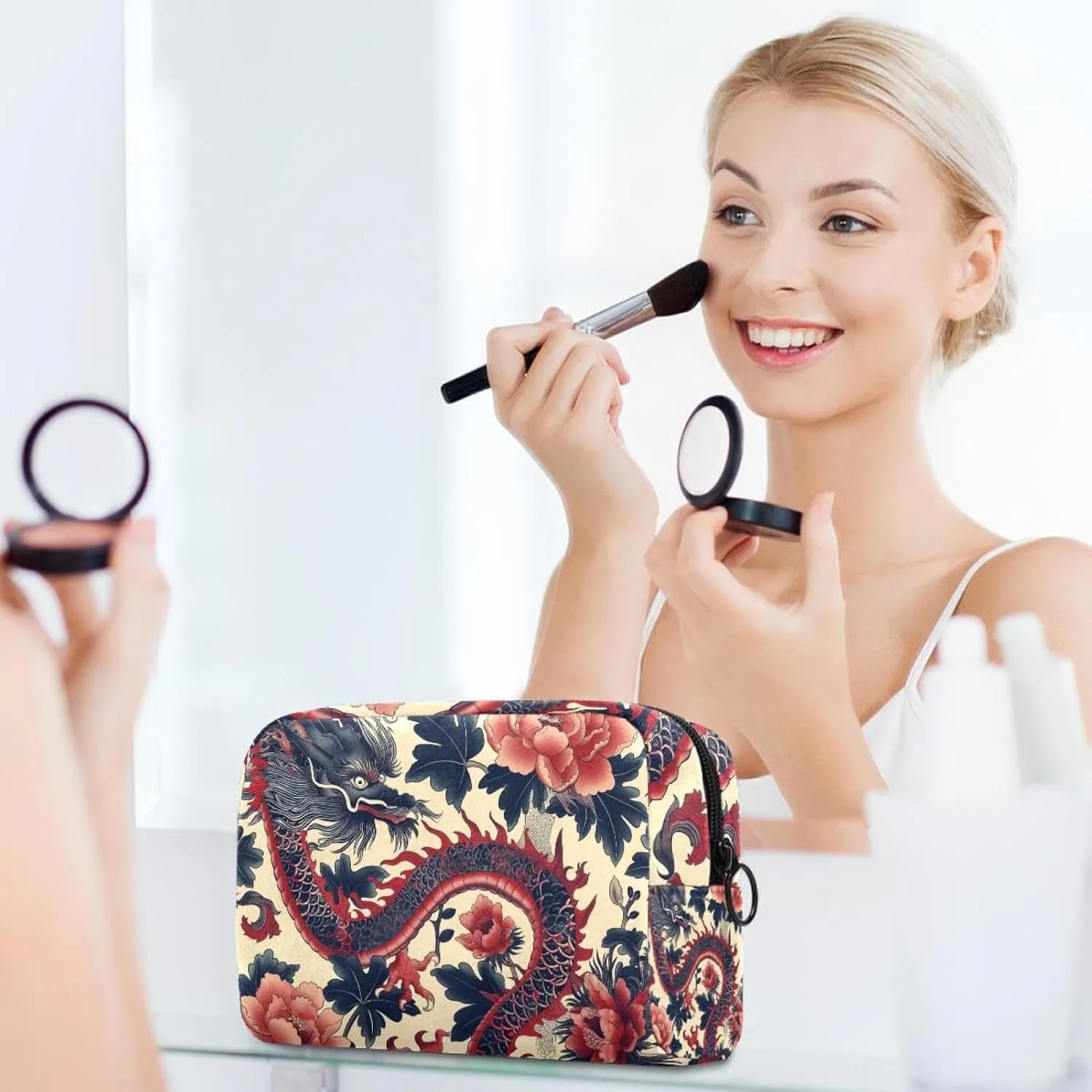 Travel Makeup Bag Vintage Flower Dragon Cosmetic Bag Brushes Storage Bag For Women Girls 7.3x3x5.1in