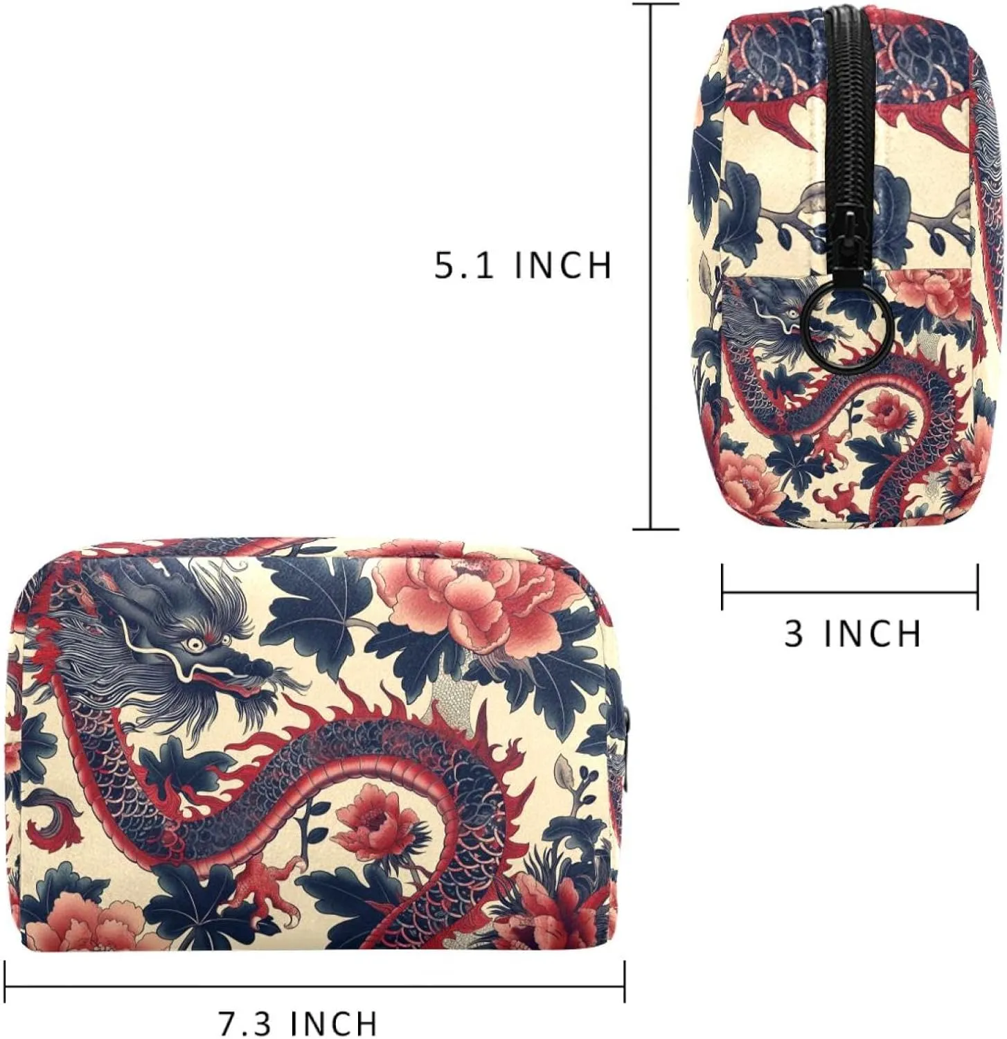 Travel Makeup Bag Vintage Flower Dragon Cosmetic Bag Brushes Storage Bag For Women Girls 7.3x3x5.1in