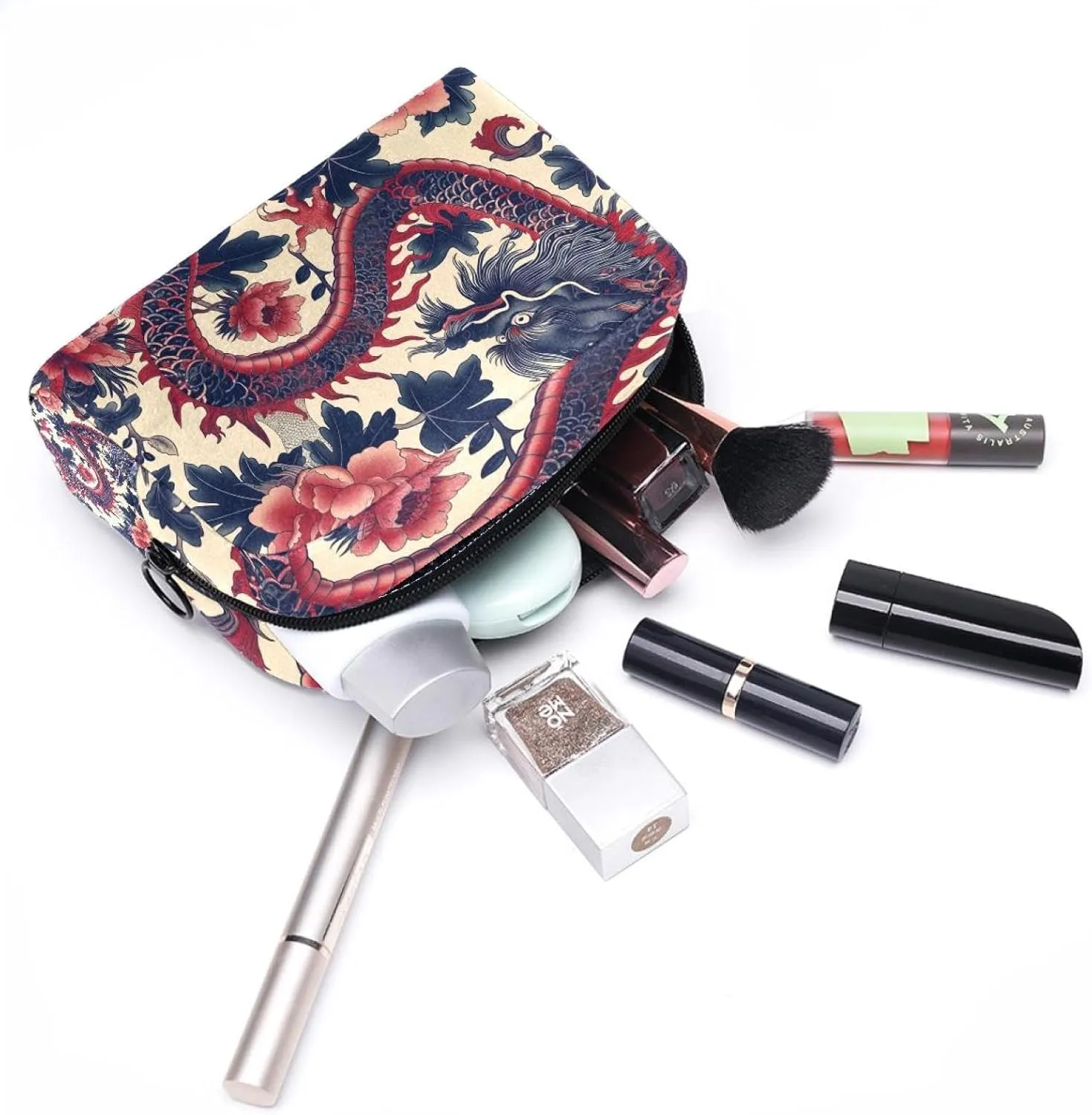 Travel Makeup Bag Vintage Flower Dragon Cosmetic Bag Brushes Storage Bag For Women Girls 7.3x3x5.1in