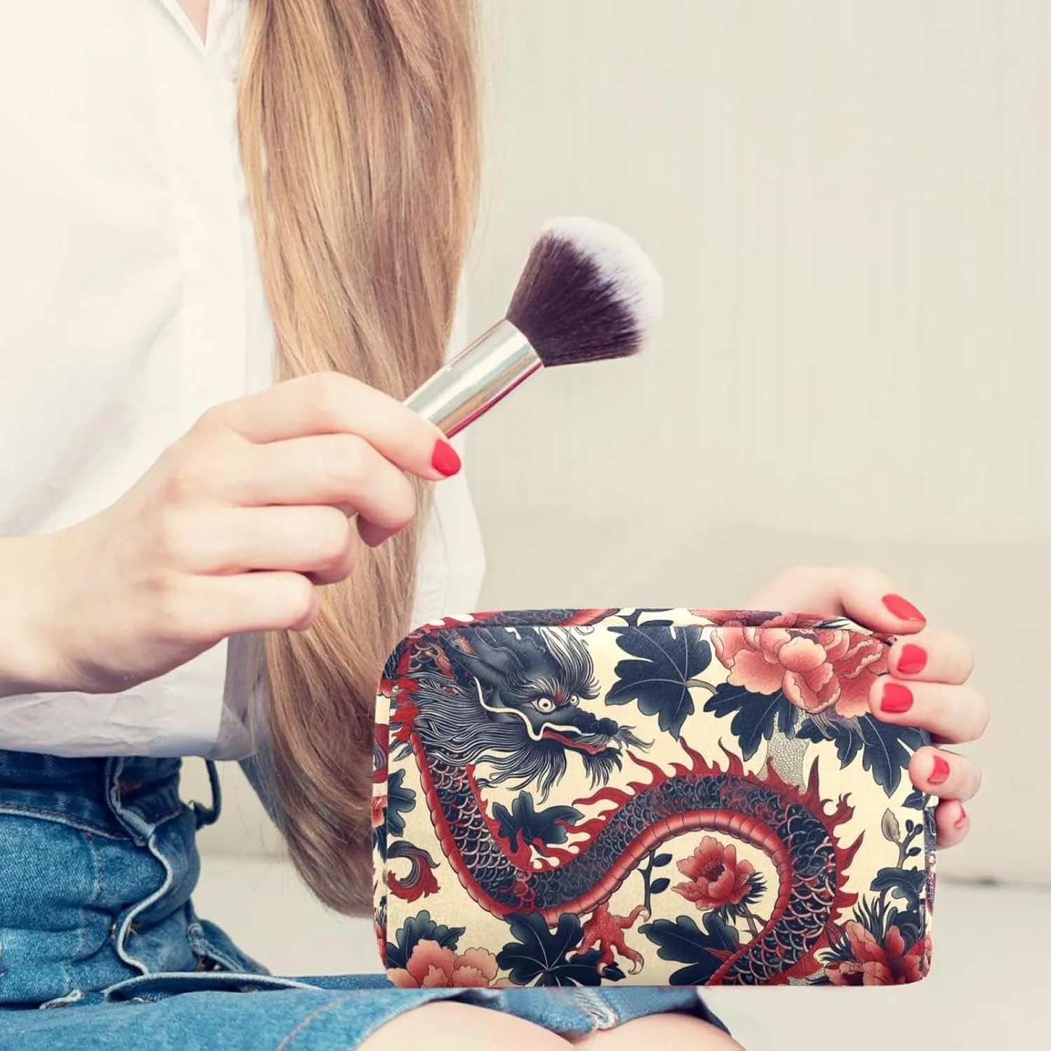 Travel Makeup Bag Vintage Flower Dragon Cosmetic Bag Brushes Storage Bag For Women Girls 7.3x3x5.1in