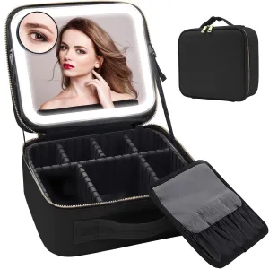 Travel Makeup Bag with LED Mirror, Cosmetic Bag Organizer, Waterproof Travel Cosmetic Bags with Adjustable Dividers, Makeup Case Ideal Gift for Mothers Women and Girls (black)