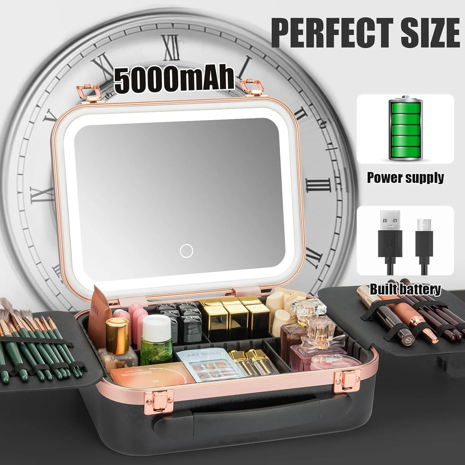 Travel Makeup Train Case With LED Lights, 3 Brightness Adjustable Portable Makeup Organizer, Professional Adjustable Divider Storage Waterproof Makeup Train Case Accessories and Toolboxes
