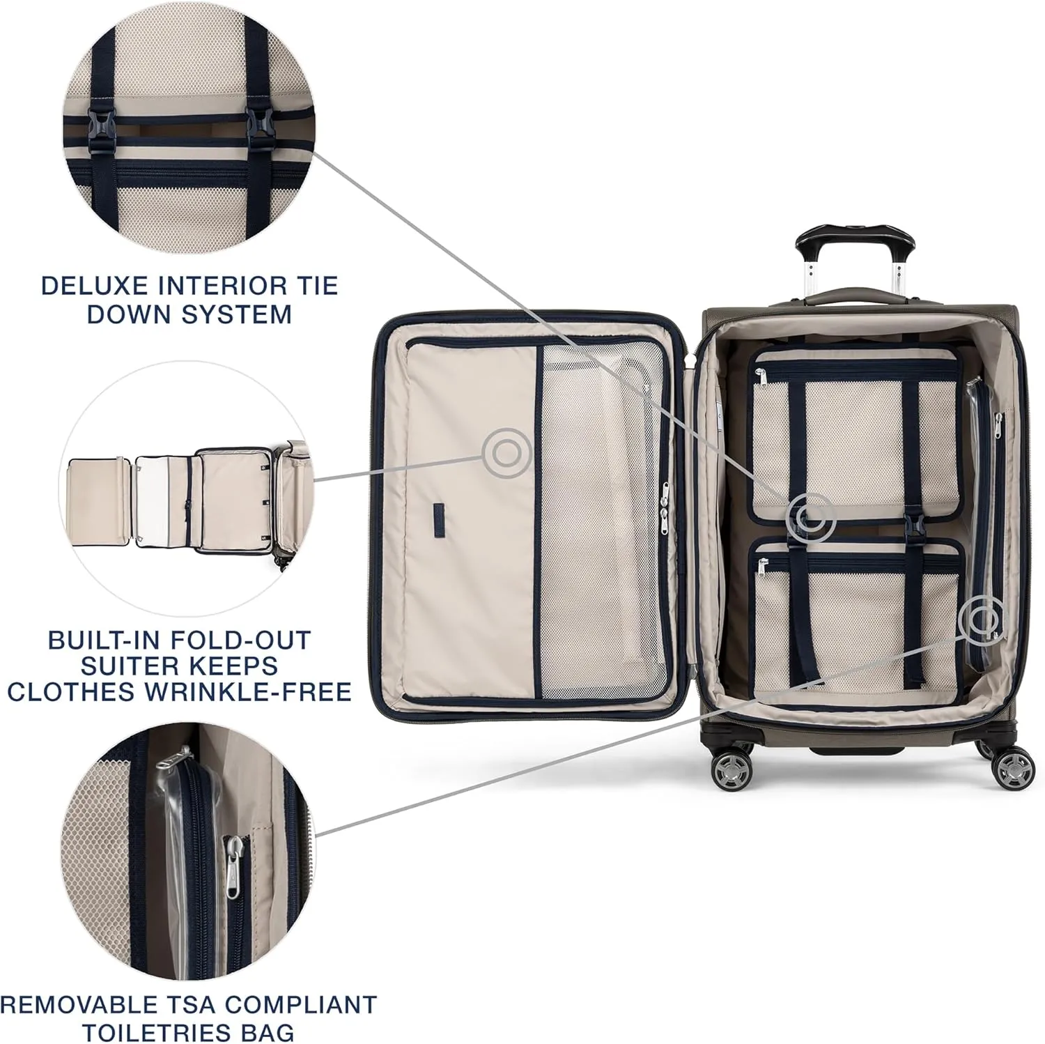 Travelpro Platinum Elite Softside Expandable Checked Luggage, 8 Wheel Spinner Suitcase, TSA Lock, Men and Women, Metallic Sand, Checked Medium 25-Inch