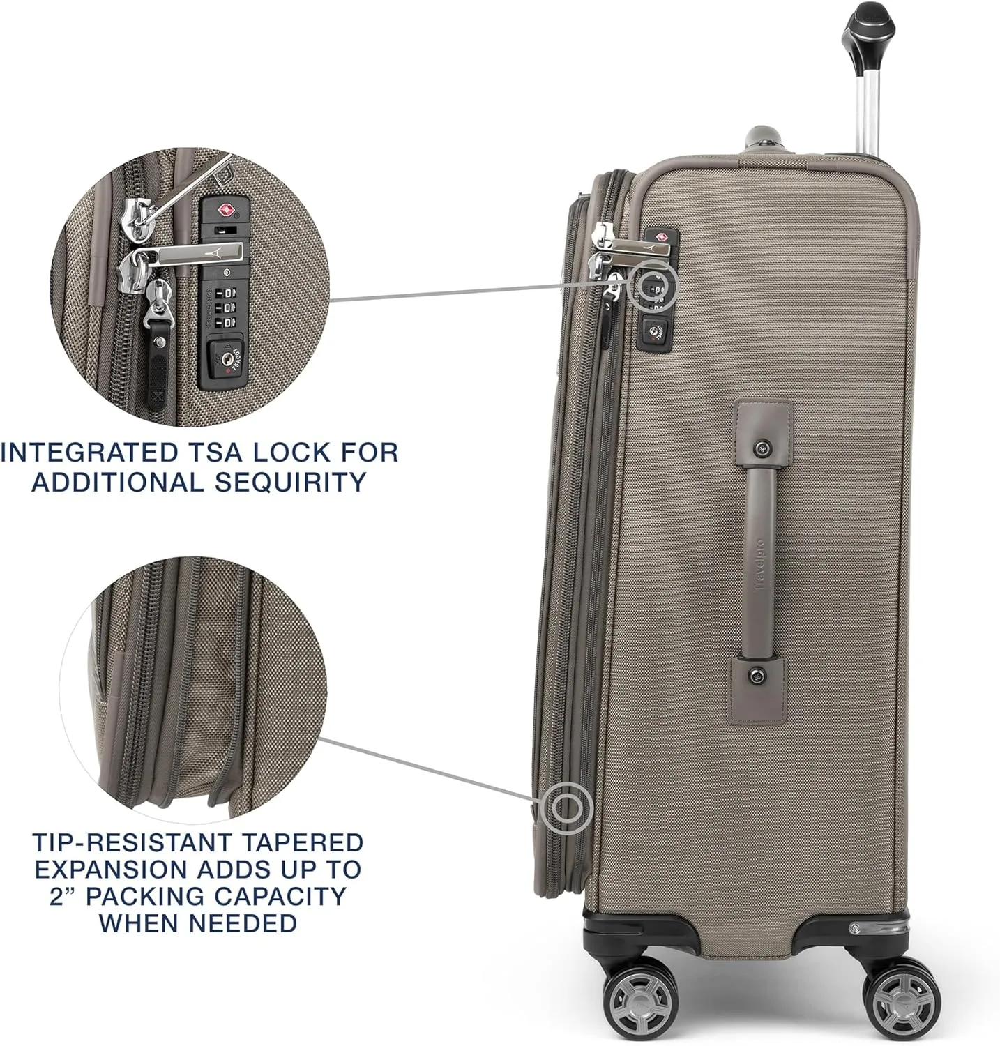Travelpro Platinum Elite Softside Expandable Checked Luggage, 8 Wheel Spinner Suitcase, TSA Lock, Men and Women, Metallic Sand, Checked Medium 25-Inch