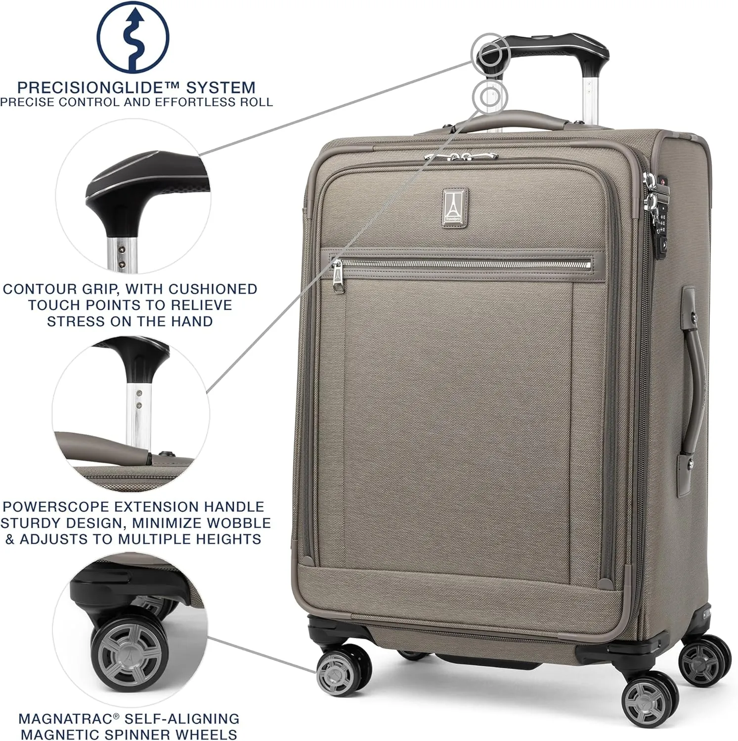 Travelpro Platinum Elite Softside Expandable Checked Luggage, 8 Wheel Spinner Suitcase, TSA Lock, Men and Women, Metallic Sand, Checked Medium 25-Inch