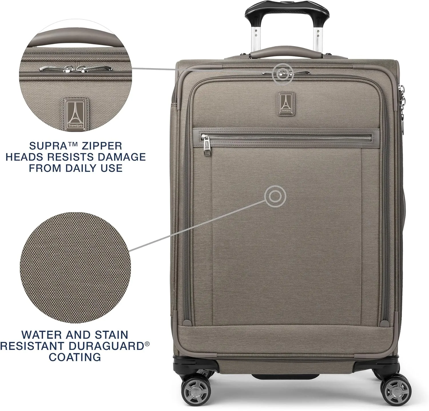 Travelpro Platinum Elite Softside Expandable Checked Luggage, 8 Wheel Spinner Suitcase, TSA Lock, Men and Women, Metallic Sand, Checked Medium 25-Inch
