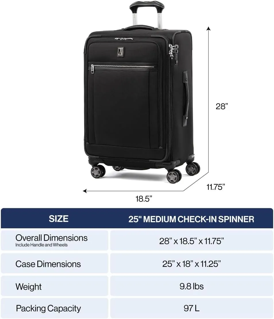 Travelpro Platinum Elite Softside Expandable Checked Luggage, 8 Wheel Spinner Suitcase, TSA Lock, Men and Women, Metallic Sand, Checked Medium 25-Inch