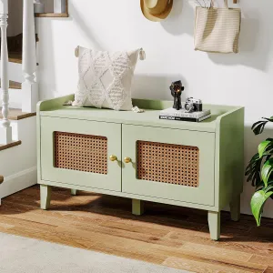 Tribesigns Shoe Storage Bench with 2 Doors, Entryway Bench with Seat, 39-Inch 2-Tier Modern Shoe Rack Storage, Rattan Organizer Cabinet with Shelf for Hallway